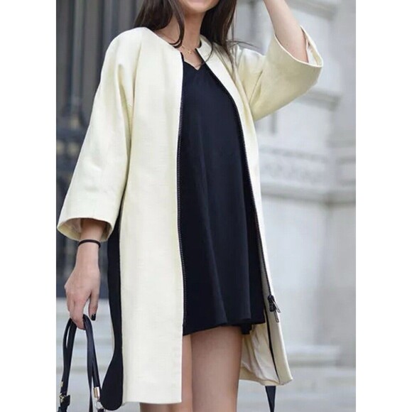 Zara Jackets & Blazers - Zara Women’s Small Cream Coat Zip Black Belt Kimono 3/4 Sleeve